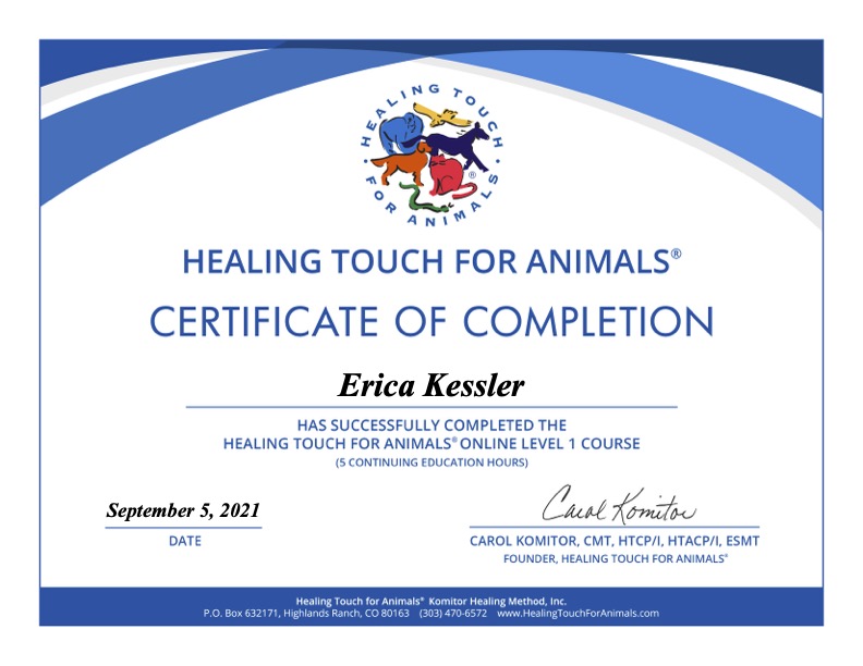 Erica Kessler Healing touch for animals certificate 1